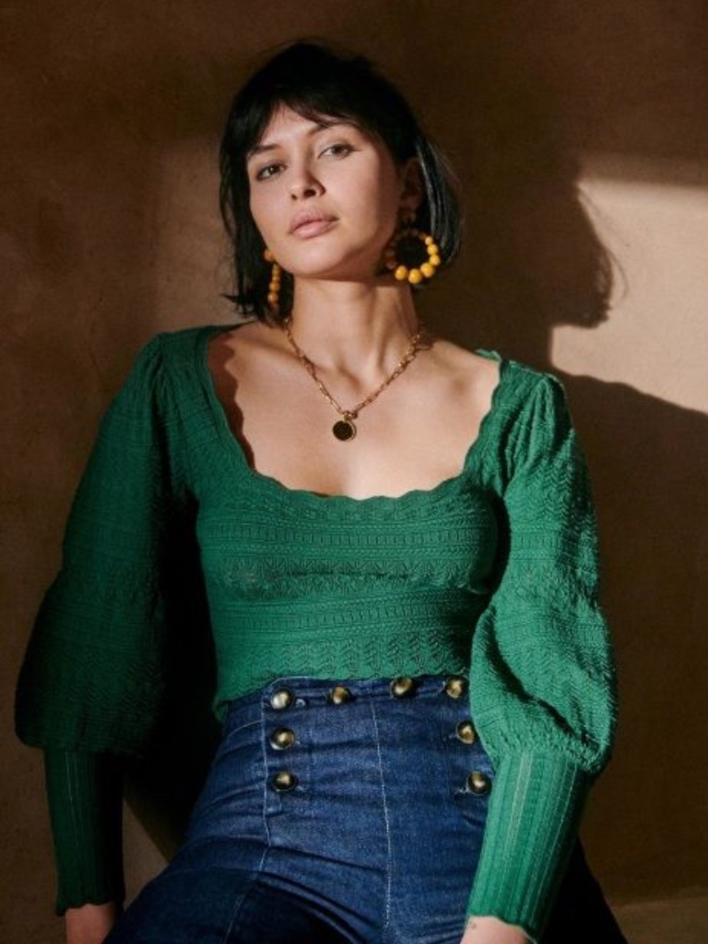 Green Square Neck Balloon Sleeve Stretch Top – Medium